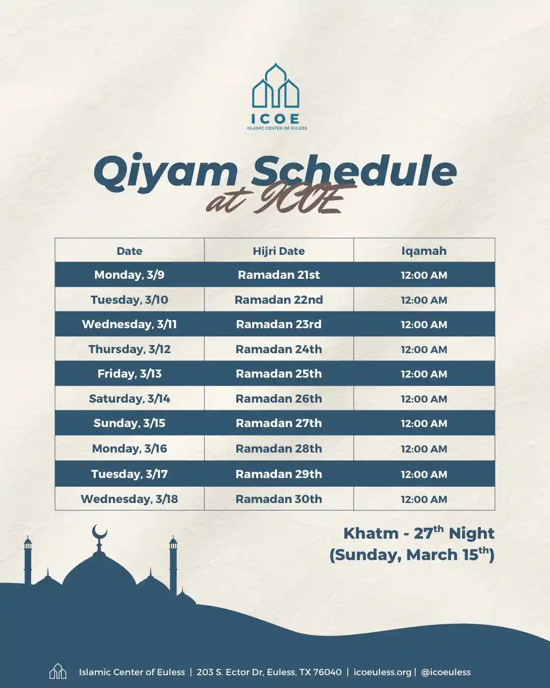 Qiyam Schedule – Ramadan