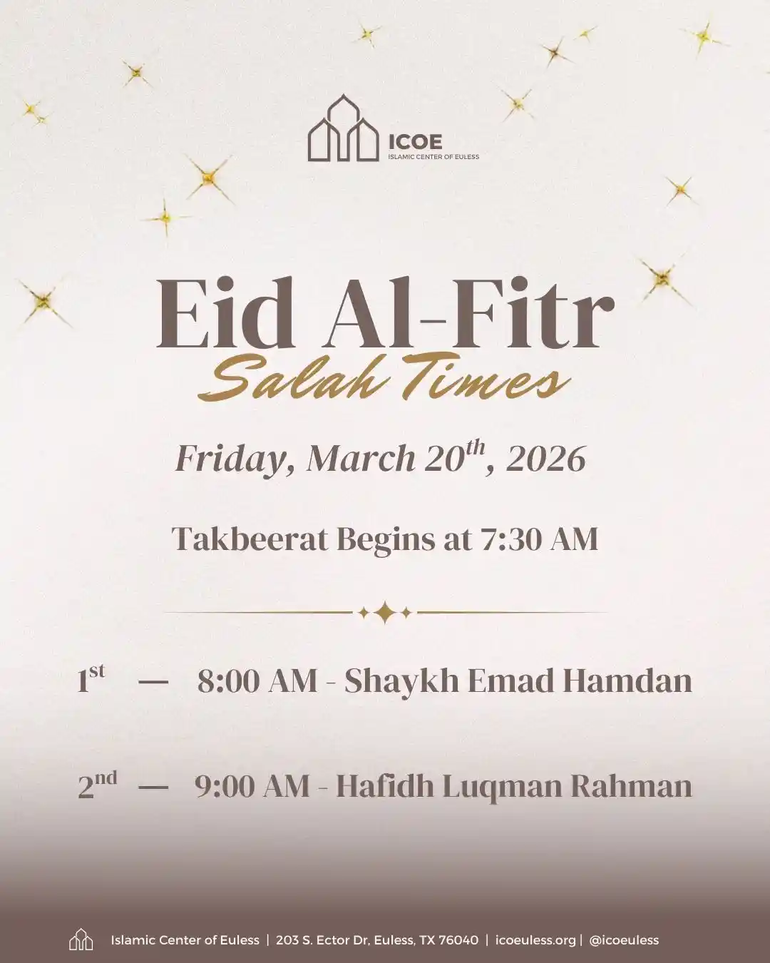 Eid al-Fitr Prayer Times 2026